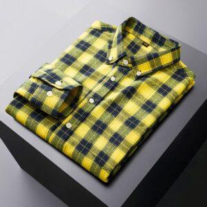 Men's Large Size Long Sleeve Casual Loose Plus Size Yarn Dyed Shirt Yellow.