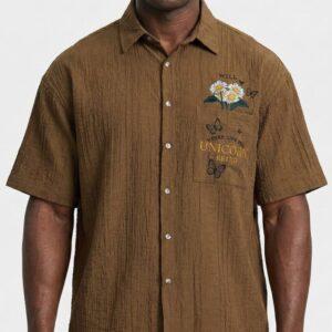 Men's Retro Butterfly And Flower Embroidered Loose Short-Sleeved Shirt Coffee