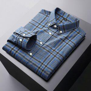 Men's Large Size Long Sleeve Casual Loose Plus Size Yarn Dyed Shirt Medium Blue.