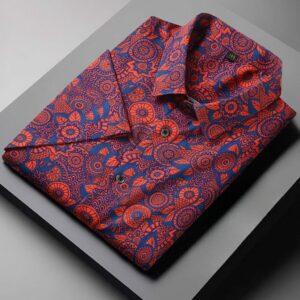 Men's Large Short-Sleeve Floral Loose Casual Shirt Red