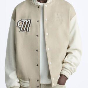 ZARA Men's Casual Versatile Pilot Long-Sleeved Letterman Jacket Light Gray With Bold Letter M