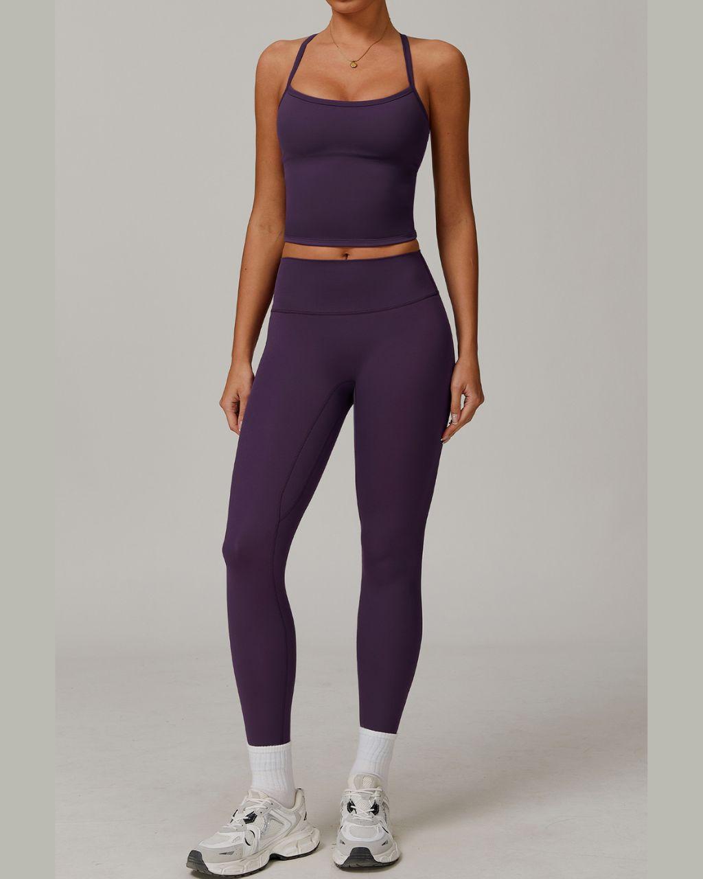 Women's Tight-Fitting Sanded Yoga Fitness Clothes Running Sports Suit (Vests + Pants) Purple