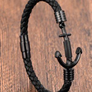 Men’s Premium Black Braided Leather Nautical Anchor-Clasp Bracelet With Stainless-Steel Maritime Hook Closure