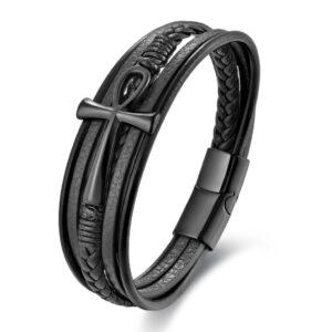 Men’s Black Leather Bracelet Black Ankh Cross Charm Multi-Layer Braided Leather Wristband Magnetic Clasp