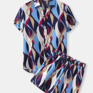 Men's Two-Piece Short Sleeve Lapel Shirt Pocket Shorts Set Blue